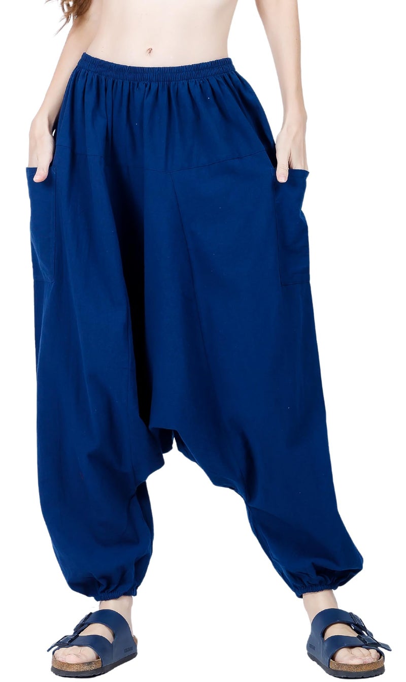 CandyHusky Women Cotton Harem Pants Casual Elastic Waist Boho Pants ComfortSoft - Blue - Image 1